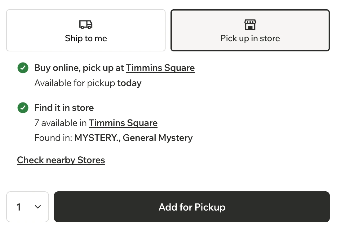 Ship to me and Pick up in store choices, pickup availability and stock at Timmins Square, a Check nearby Stores link, and the Add for Pickup button.